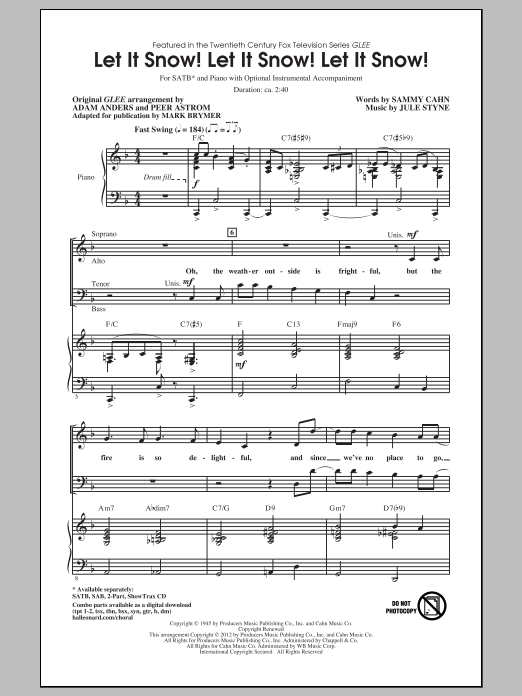 Download Sammy Cahn Let It Snow! Let It Snow! Let It Snow! (arr. Mark Brymer) Sheet Music and learn how to play SATB PDF digital score in minutes