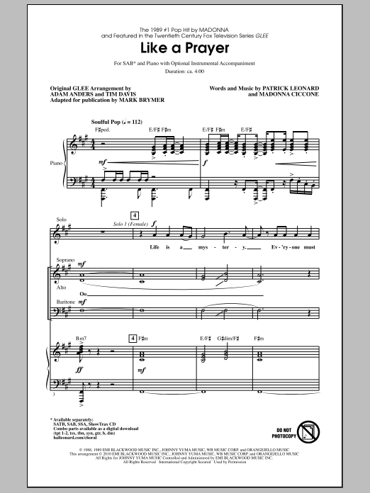 Download Mark Brymer Like A Prayer Sheet Music and learn how to play SAB Choir PDF digital score in minutes