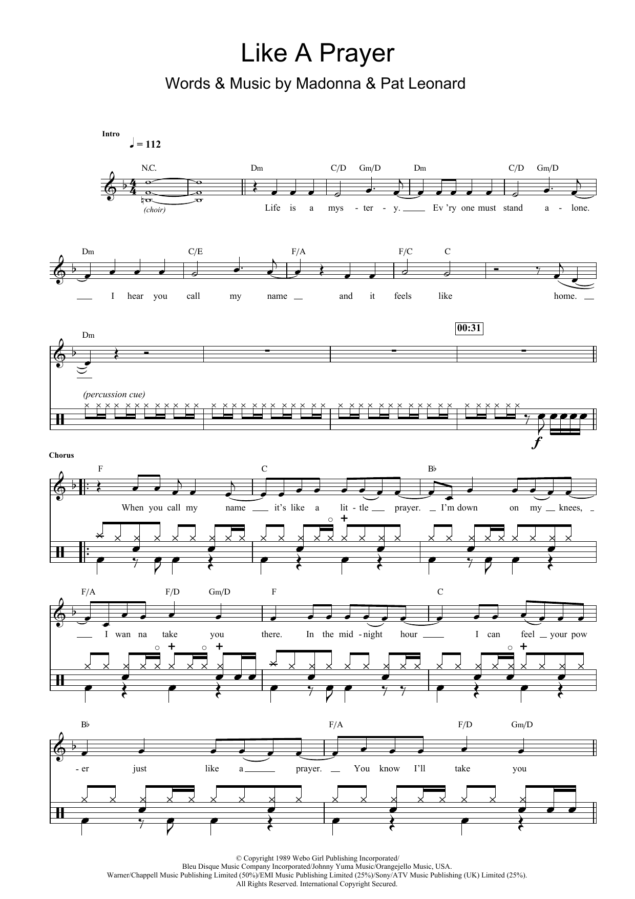 Download Glee Cast Like A Prayer Sheet Music and learn how to play Drums PDF digital score in minutes