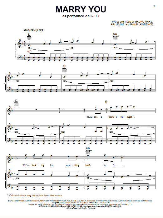 Download Glee Cast Marry You Sheet Music and learn how to play Piano, Vocal & Guitar (Right-Hand Melody) PDF digital score in minutes