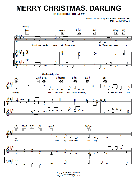 Download Glee Cast Merry Christmas, Darling Sheet Music and learn how to play Easy Piano PDF digital score in minutes