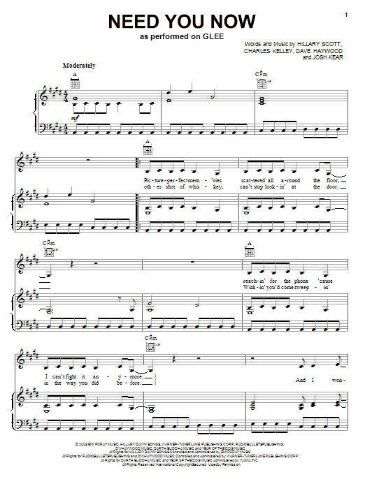 Download Glee Cast Need You Now Sheet Music and learn how to play Piano, Vocal & Guitar (Right-Hand Melody) PDF digital score in minutes