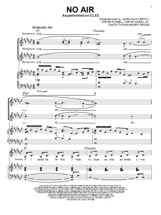 Download Glee Cast No Air (Vocal Duet) Sheet Music and learn how to play Piano & Vocal PDF digital score in minutes