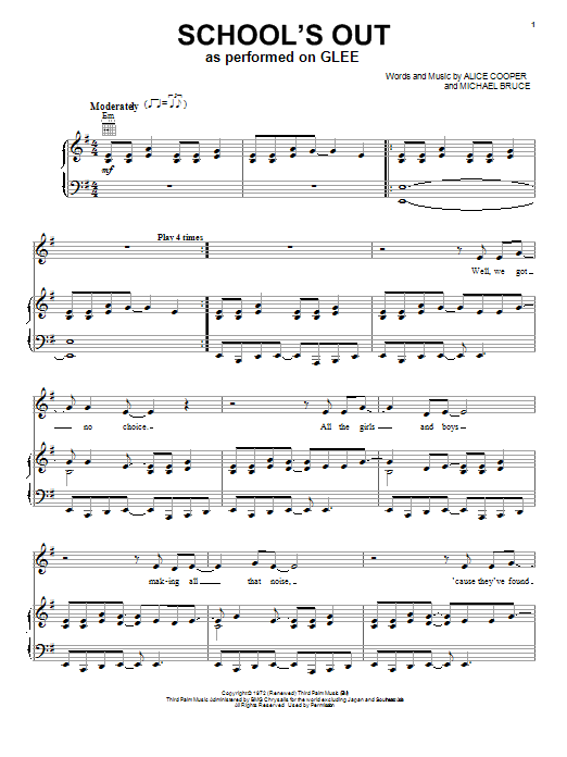 Download Glee Cast School's Out Sheet Music and learn how to play Piano, Vocal & Guitar (Right-Hand Melody) PDF digital score in minutes