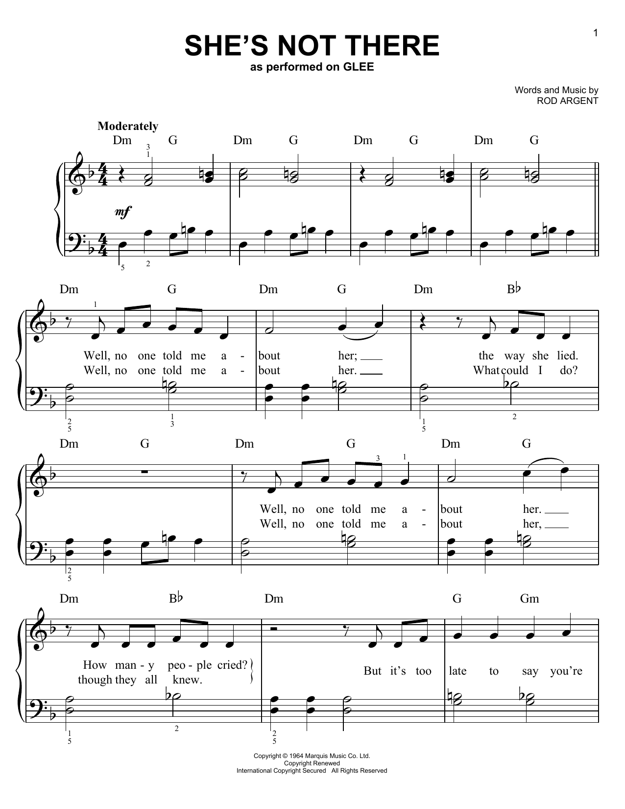Download Glee Cast She's Not There Sheet Music and learn how to play Piano, Vocal & Guitar Chords (Right-Hand Melody) PDF digital score in minutes