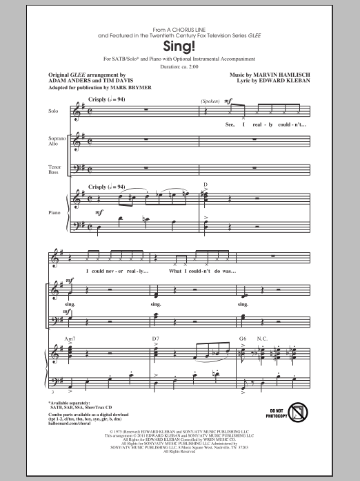 Download Marvin Hamlisch Sing! (from A Chorus Line) (arr. Mark Brymer) Sheet Music and learn how to play SATB PDF digital score in minutes