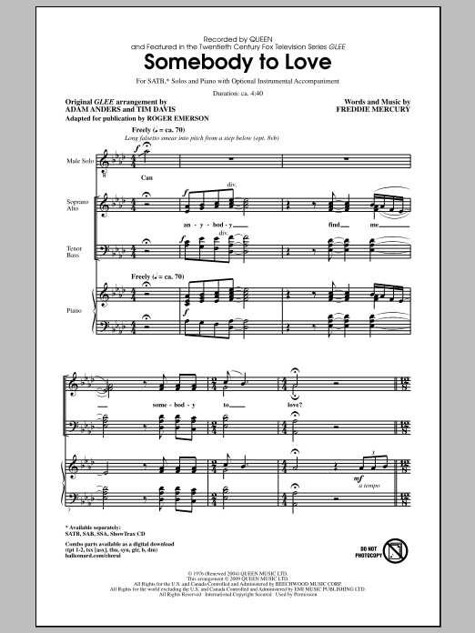 Download Glee Cast Somebody To Love (arr. Roger Emerson) Sheet Music and learn how to play SSA Choir PDF digital score in minutes