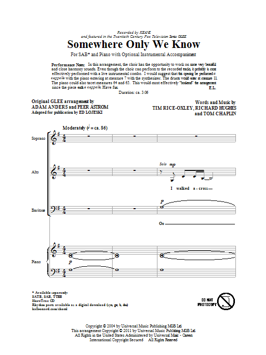 Download Keane Somewhere Only We Know (arr. Ed Lojeski) Sheet Music and learn how to play SAB PDF digital score in minutes