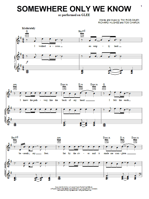 Download Glee Cast Somewhere Only We Know Sheet Music and learn how to play Piano, Vocal & Guitar (Right-Hand Melody) PDF digital score in minutes