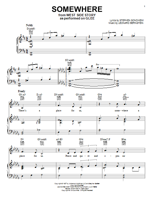 Download Glee Cast Somewhere Sheet Music and learn how to play Piano, Vocal & Guitar (Right-Hand Melody) PDF digital score in minutes