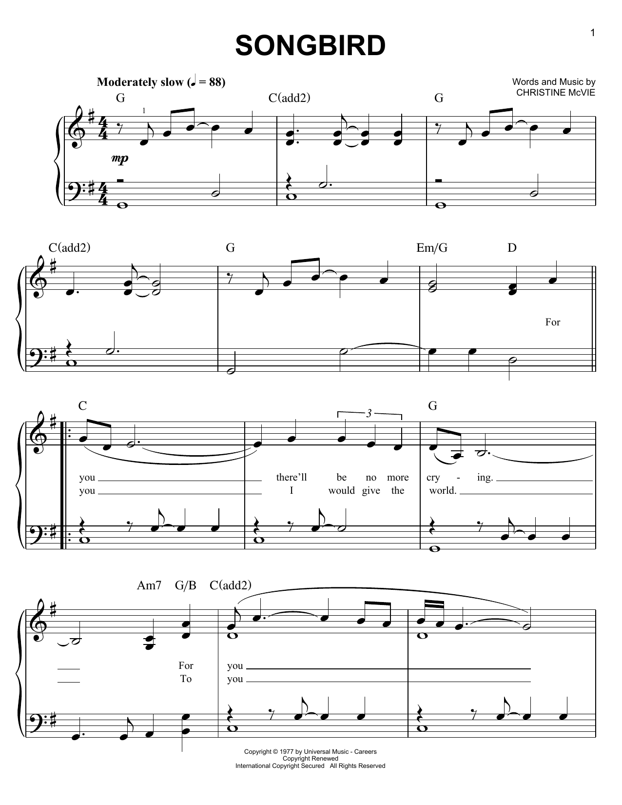 Download Glee Cast Songbird Sheet Music and learn how to play Piano, Vocal & Guitar (Right-Hand Melody) PDF digital score in minutes