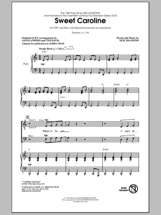 Download Glee Cast Sweet Caroline (Ed. Kirby Shaw) Sheet Music and learn how to play TTB Choir PDF digital score in minutes