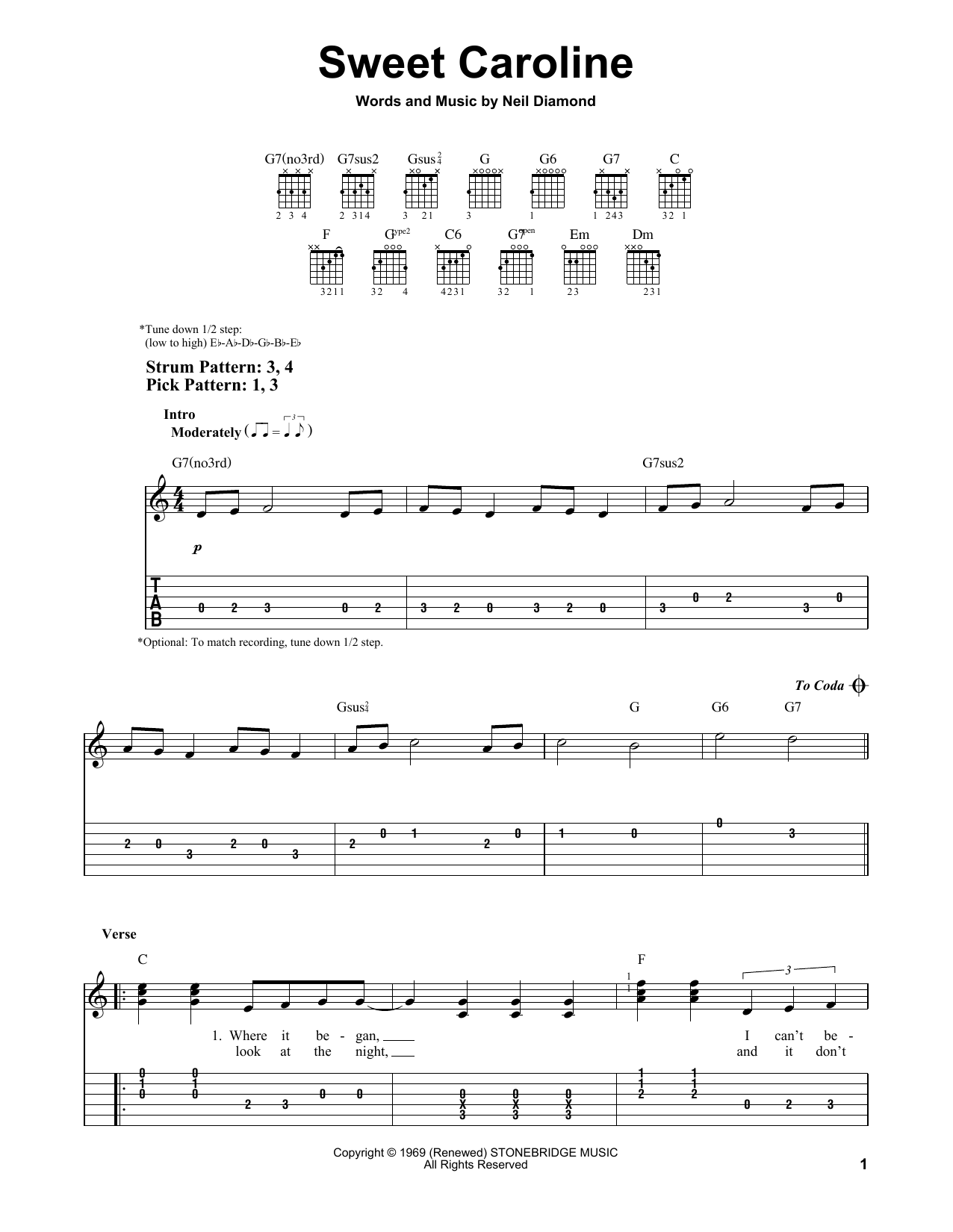 Download Neil Diamond Sweet Caroline Sheet Music and learn how to play Guitar Tab PDF digital score in minutes