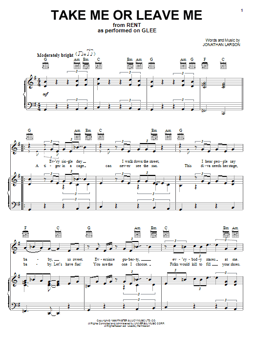 Download Glee Cast Take Me Or Leave Me Sheet Music and learn how to play Easy Piano PDF digital score in minutes