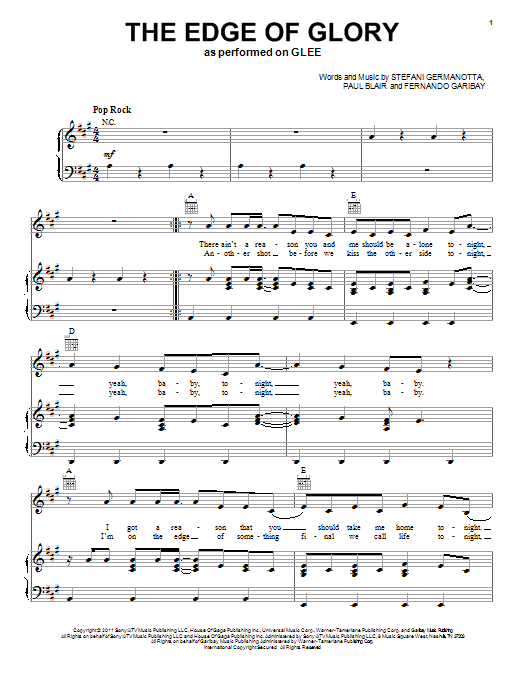 Download Glee Cast The Edge Of Glory Sheet Music and learn how to play Piano, Vocal & Guitar (Right-Hand Melody) PDF digital score in minutes