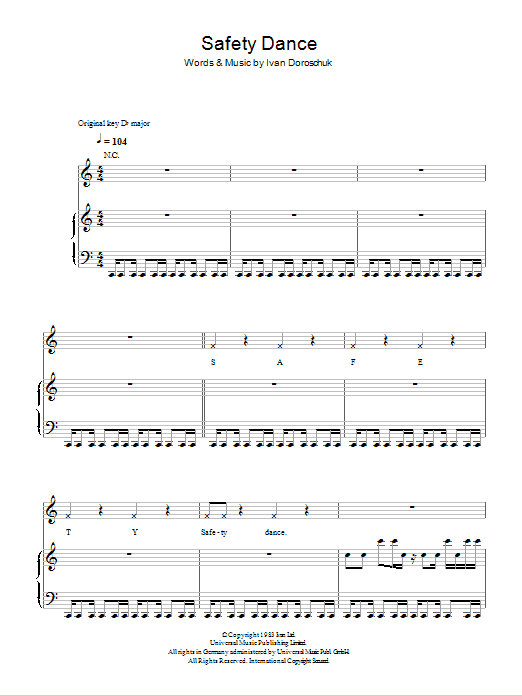 Download Glee Cast The Safety Dance Sheet Music and learn how to play Piano, Vocal & Guitar (Right-Hand Melody) PDF digital score in minutes