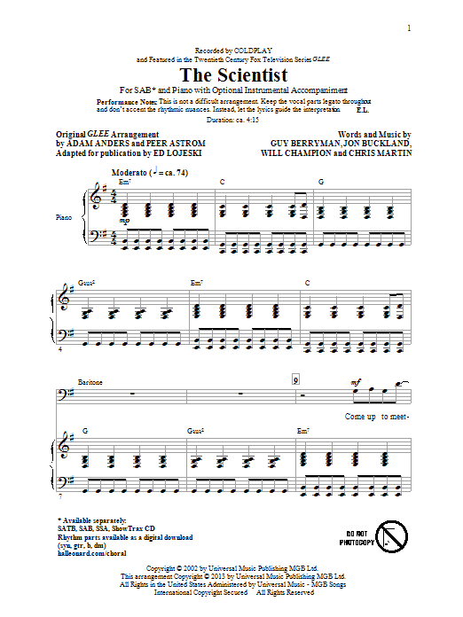 Download Coldplay The Scientist (arr. Ed Lojeski) Sheet Music and learn how to play SAB PDF digital score in minutes