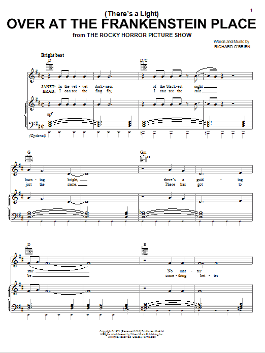 Download Richard O'Brien (There's A Light) Over At The Frankenstein Place Sheet Music and learn how to play Piano, Vocal & Guitar (Right-Hand Melody) PDF digital score in minutes