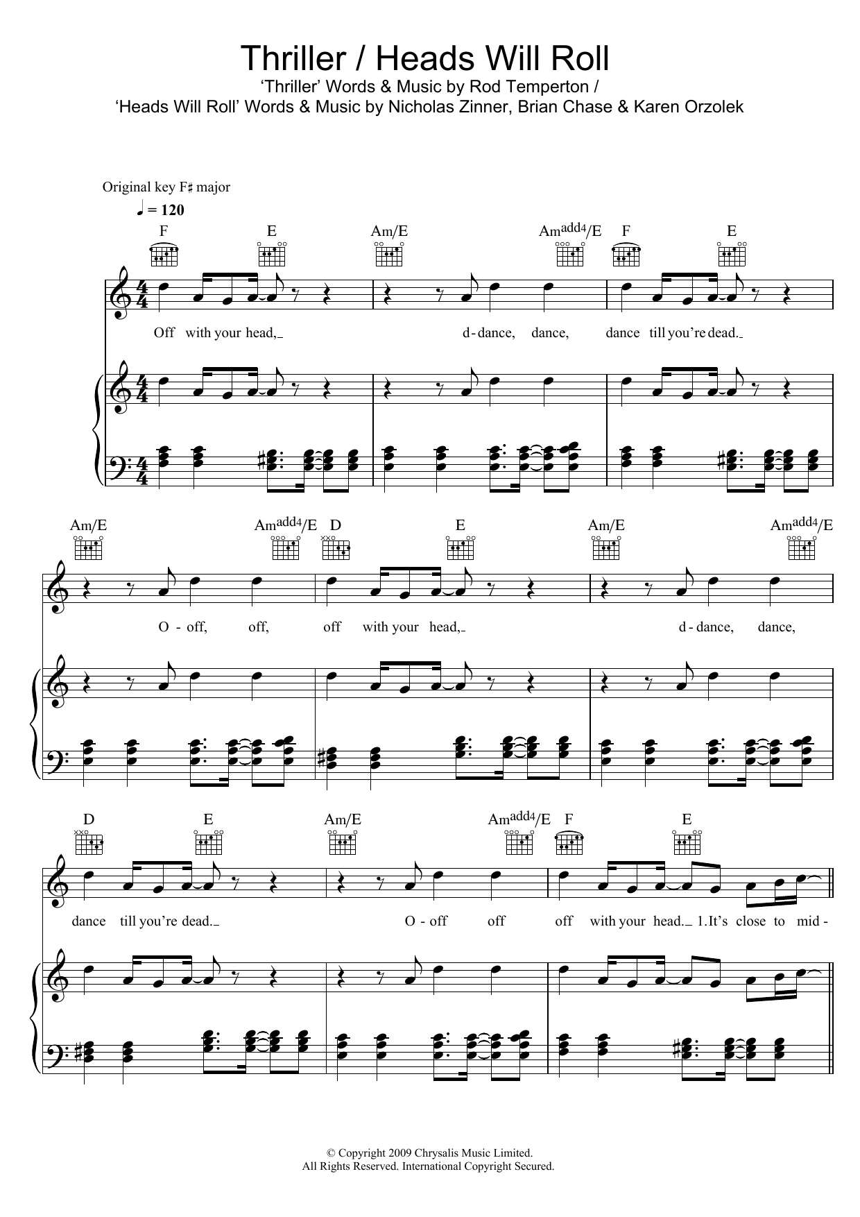 Download Glee Cast Thriller/Heads Will Roll Sheet Music and learn how to play Piano, Vocal & Guitar (Right-Hand Melody) PDF digital score in minutes