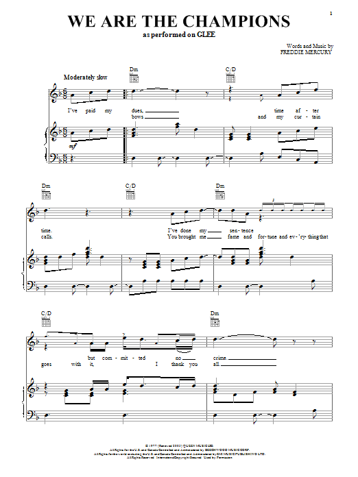 Download Glee Cast We Are The Champions Sheet Music and learn how to play Piano, Vocal & Guitar (Right-Hand Melody) PDF digital score in minutes