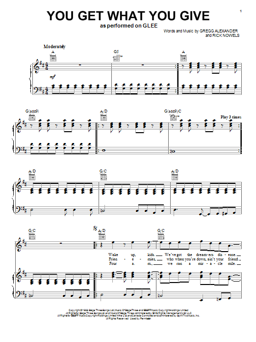Download Glee Cast You Get What You Give Sheet Music and learn how to play Piano, Vocal & Guitar (Right-Hand Melody) PDF digital score in minutes