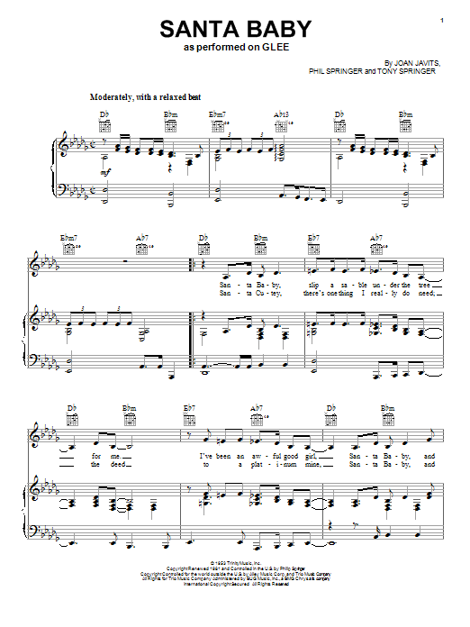 Glee Cast Santa Baby Sheet Music Notes Chords Piano Vocal Guitar Right Hand Melody Download Christmas Pdf