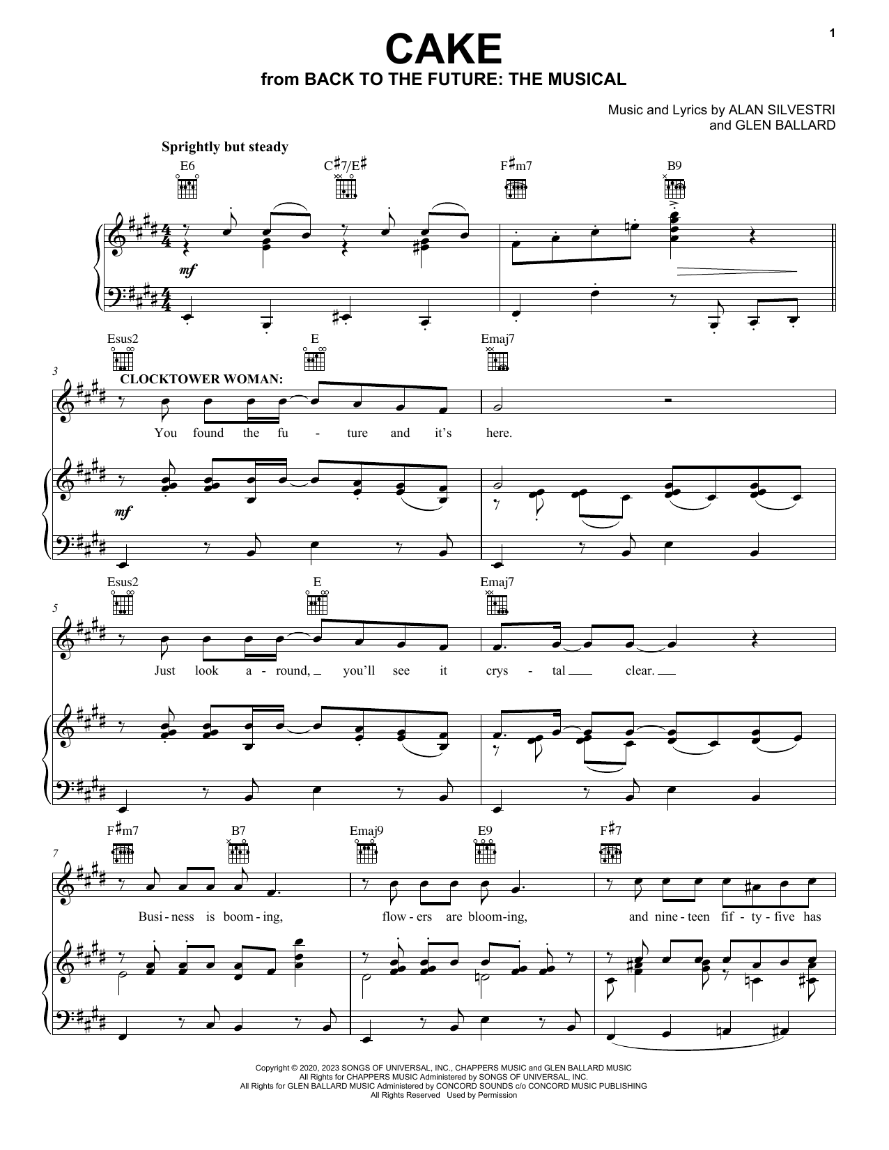 Download Glen Ballard and Alan Silvestri Cake (from Back To The Future: The Musical) Sheet Music and learn how to play Piano, Vocal & Guitar Chords (Right-Hand Melody) PDF digital score in minutes