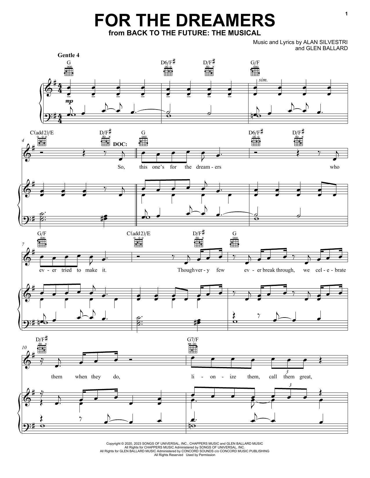 Download Glen Ballard and Alan Silvestri For The Dreamers (from Back To The Future: The Musical) Sheet Music and learn how to play Piano, Vocal & Guitar Chords (Right-Hand Melody) PDF digital score in minutes