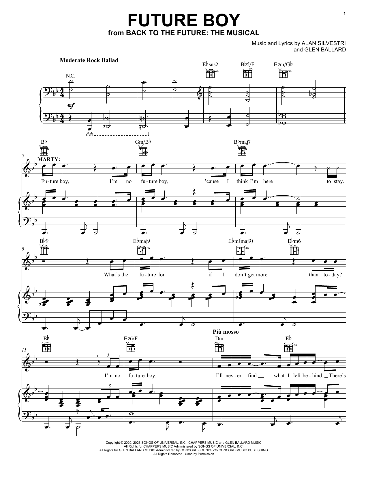Download Glen Ballard and Alan Silvestri Future Boy (from Back To The Future: The Musical) Sheet Music and learn how to play Piano, Vocal & Guitar Chords (Right-Hand Melody) PDF digital score in minutes