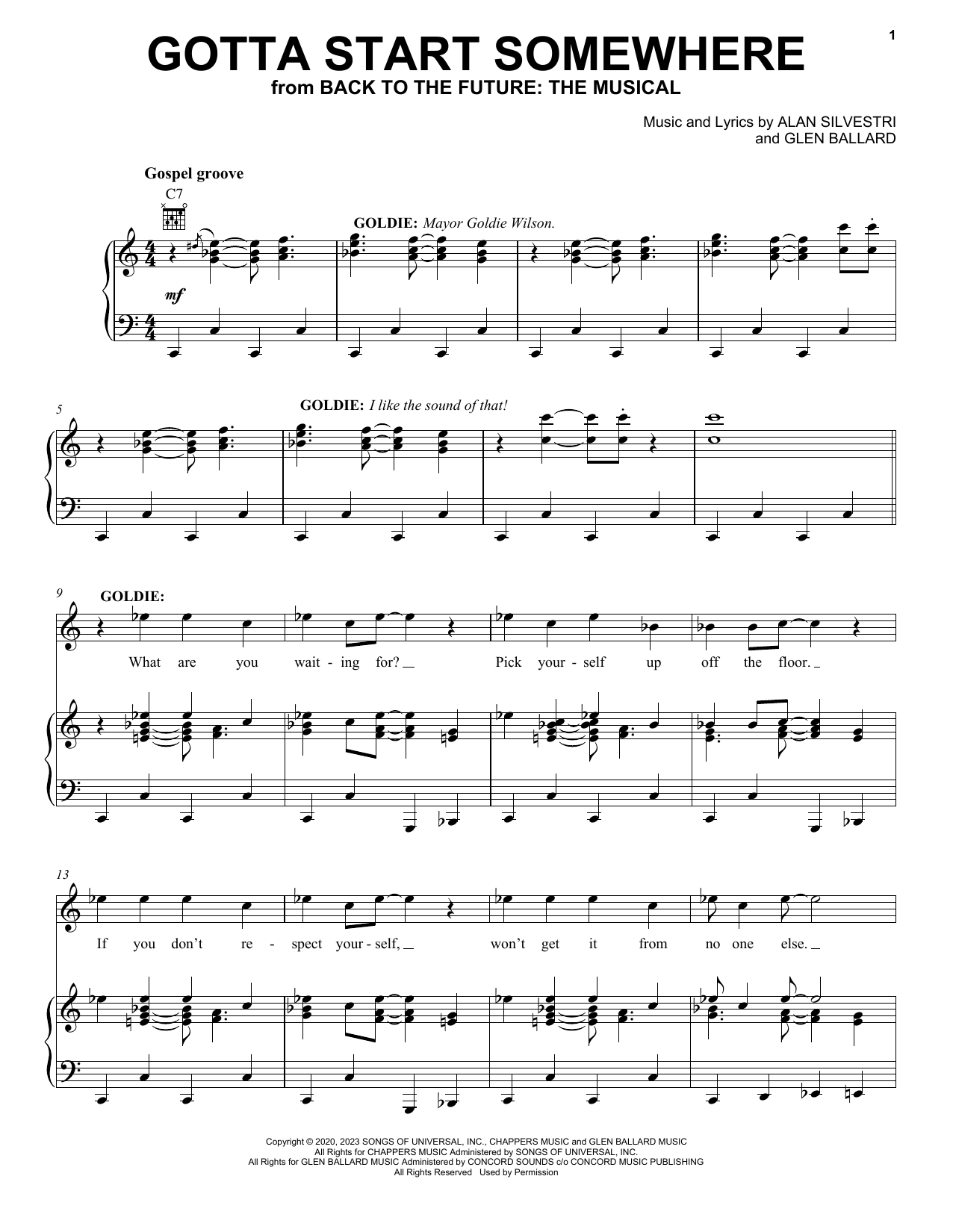 Download Glen Ballard and Alan Silvestri Gotta Start Somewhere (from Back To The Future: The Musical) Sheet Music and learn how to play Piano, Vocal & Guitar Chords (Right-Hand Melody) PDF digital score in minutes