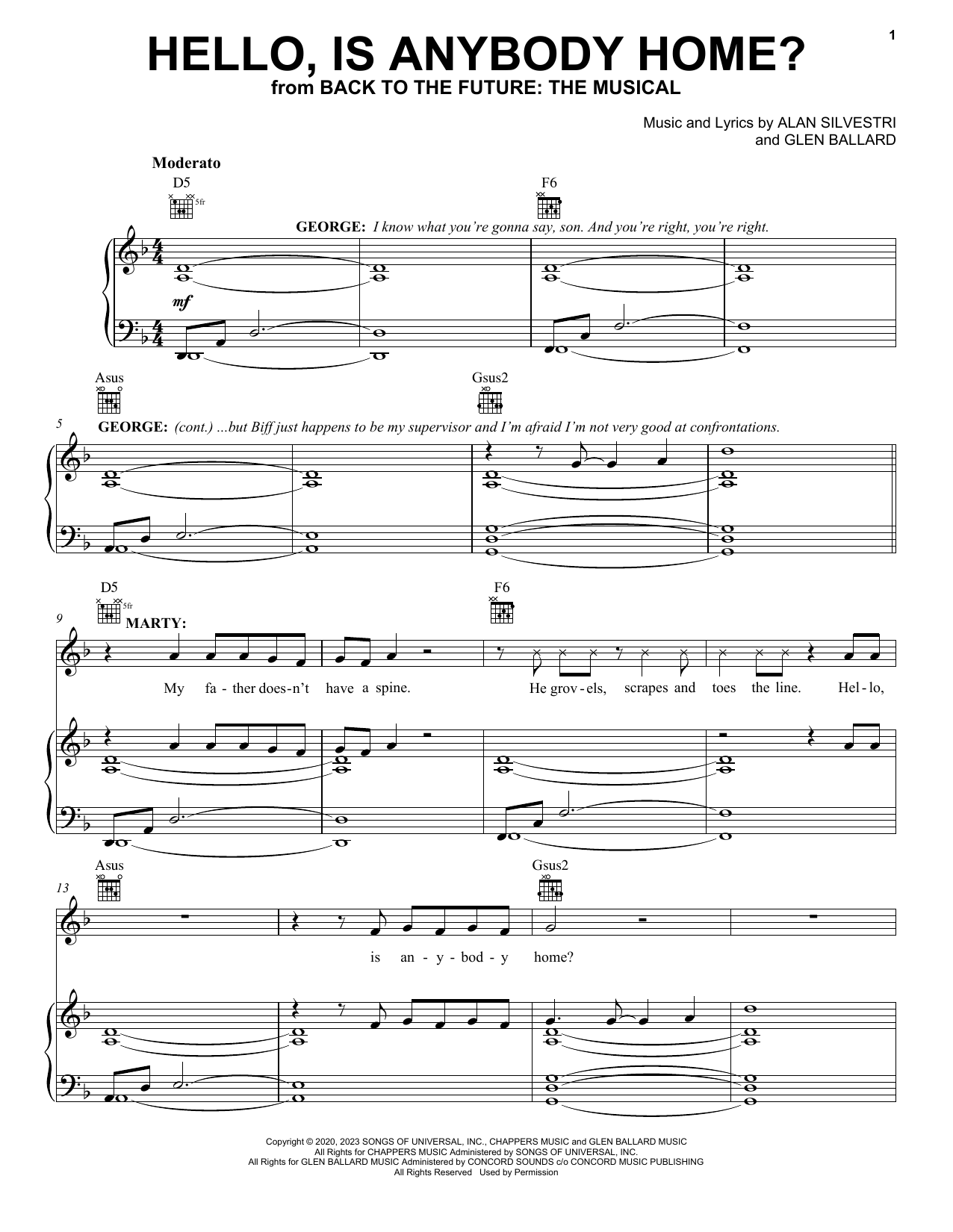 Download Glen Ballard and Alan Silvestri Hello, Is Anybody Home? (from Back To The Future: The Musical) Sheet Music and learn how to play Piano, Vocal & Guitar Chords (Right-Hand Melody) PDF digital score in minutes