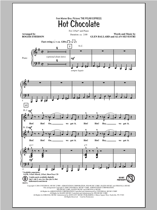 Download Polar Express (Movie) Hot Chocolate (arr. Roger Emerson) Sheet Music and learn how to play 2-Part Choir PDF digital score in minutes