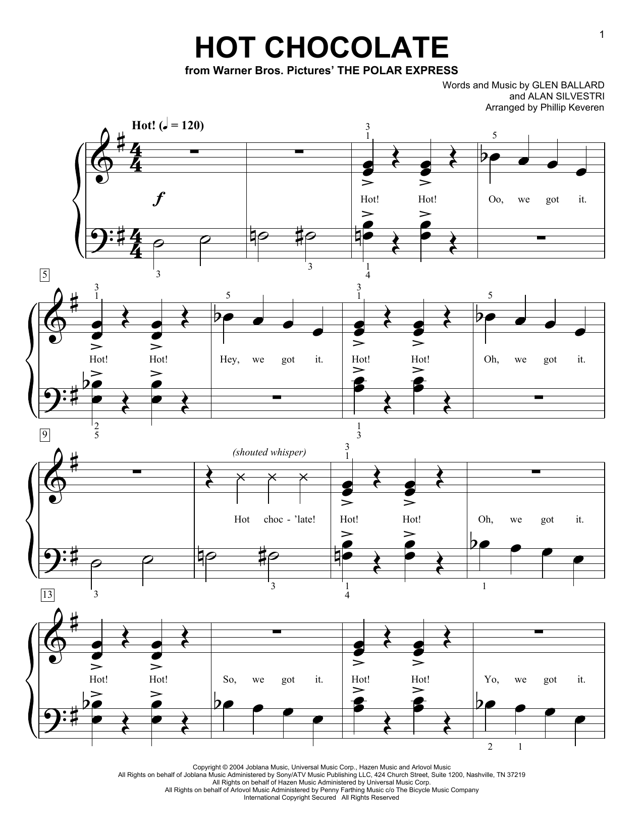 Download Glen Ballard and Alan Silvestri Hot Chocolate (from The Polar Express) (arr. Phillip Keveren) Sheet Music and learn how to play Big Note Piano PDF digital score in minutes