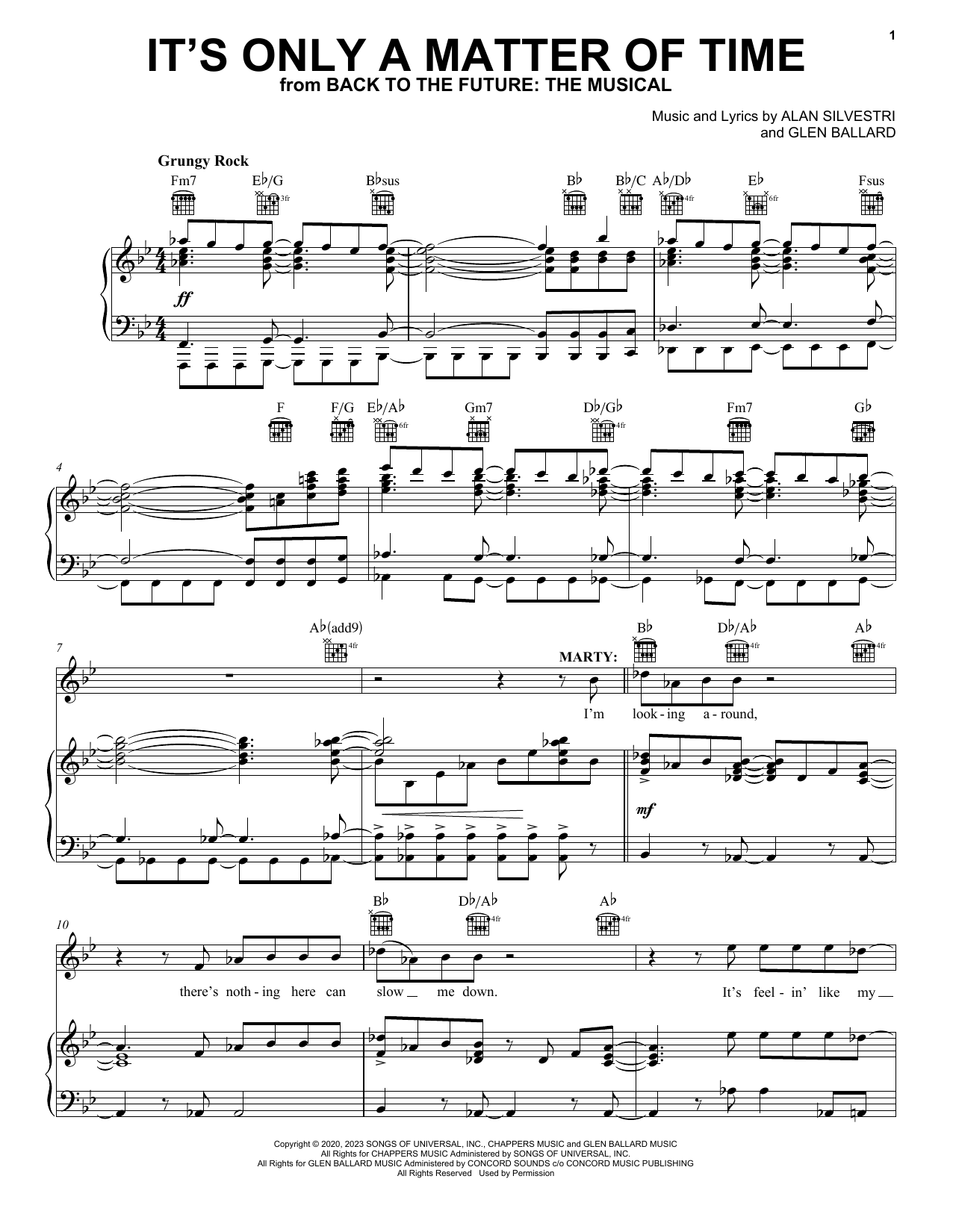 Download Glen Ballard and Alan Silvestri It's Only A Matter Of Time (from Back To The Future: The Musical) Sheet Music and learn how to play Piano, Vocal & Guitar Chords (Right-Hand Melody) PDF digital score in minutes