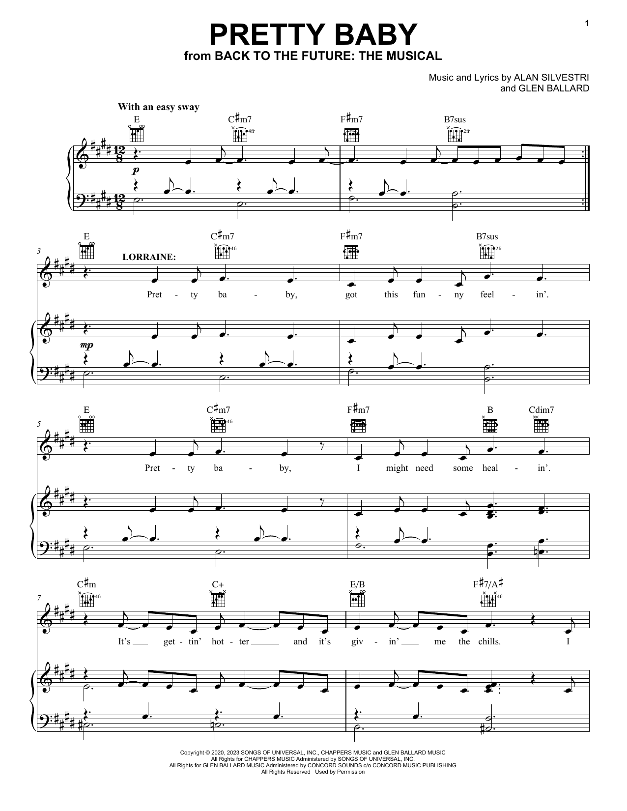 Download Glen Ballard and Alan Silvestri Pretty Baby (from Back To The Future: The Musical) Sheet Music and learn how to play Piano, Vocal & Guitar Chords (Right-Hand Melody) PDF digital score in minutes