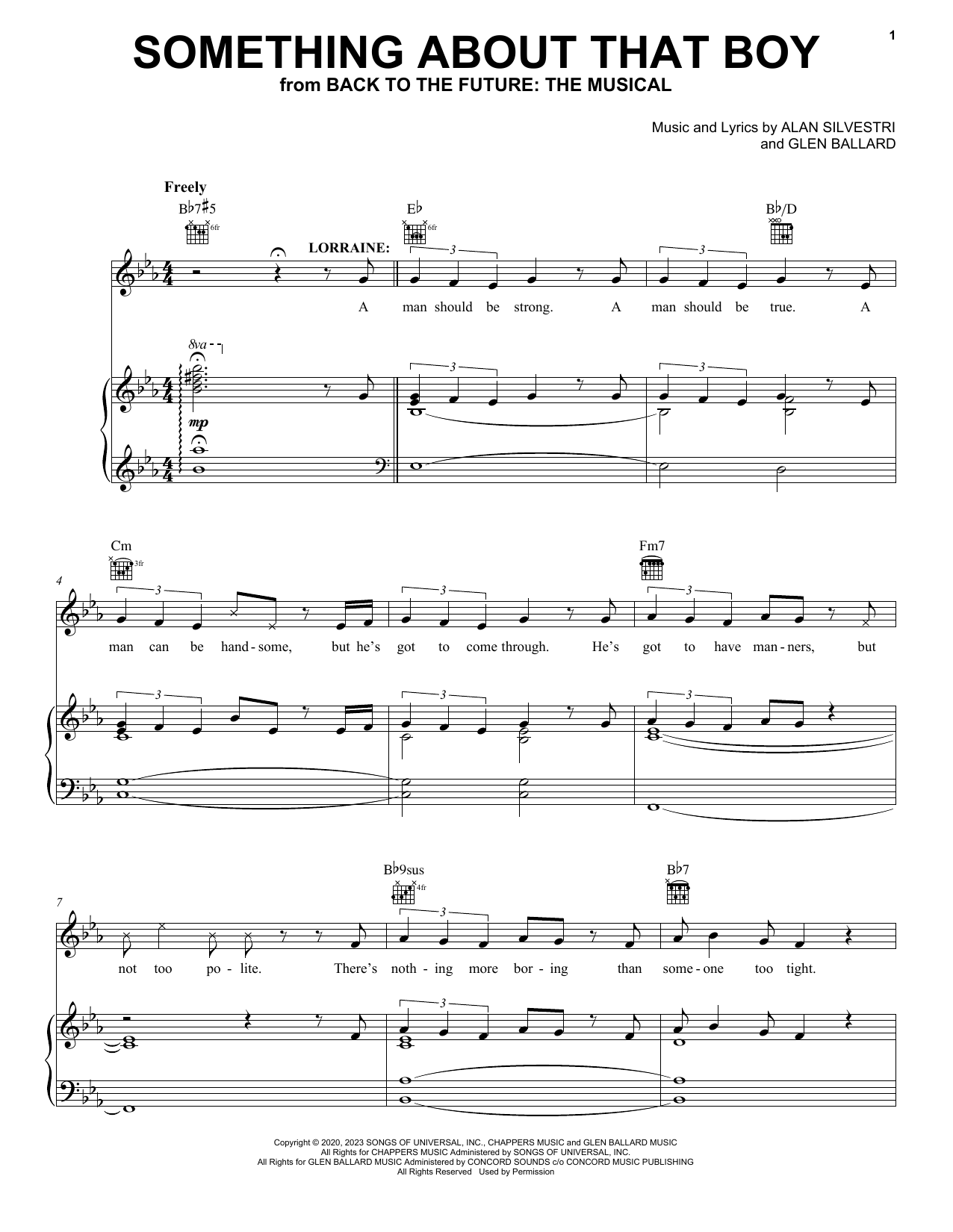 Download Glen Ballard and Alan Silvestri Something About That Boy (from Back To The Future: The Musical) Sheet Music and learn how to play Piano, Vocal & Guitar Chords (Right-Hand Melody) PDF digital score in minutes