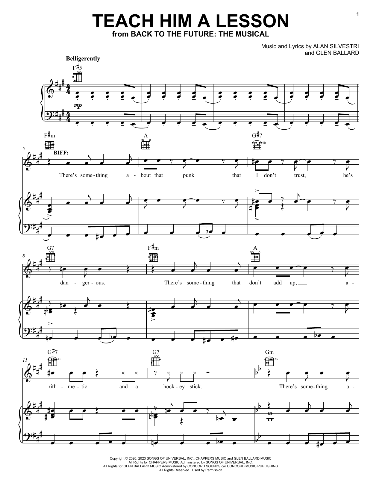 Download Glen Ballard and Alan Silvestri Teach Him A Lesson (from Back To The Future: The Musical) Sheet Music and learn how to play Piano, Vocal & Guitar Chords (Right-Hand Melody) PDF digital score in minutes