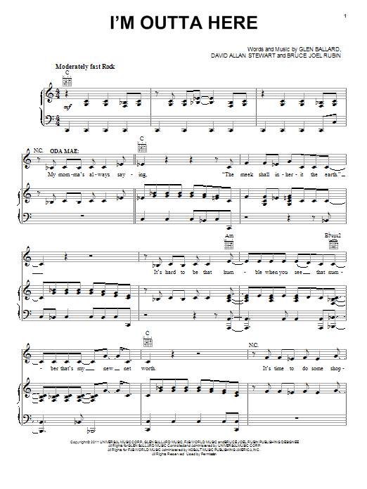 Download Glen Ballard I'm Outta Here Sheet Music and learn how to play Piano, Vocal & Guitar (Right-Hand Melody) PDF digital score in minutes