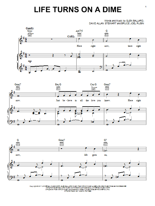 Download Glen Ballard Life Turns On A Dime Sheet Music and learn how to play Piano, Vocal & Guitar (Right-Hand Melody) PDF digital score in minutes