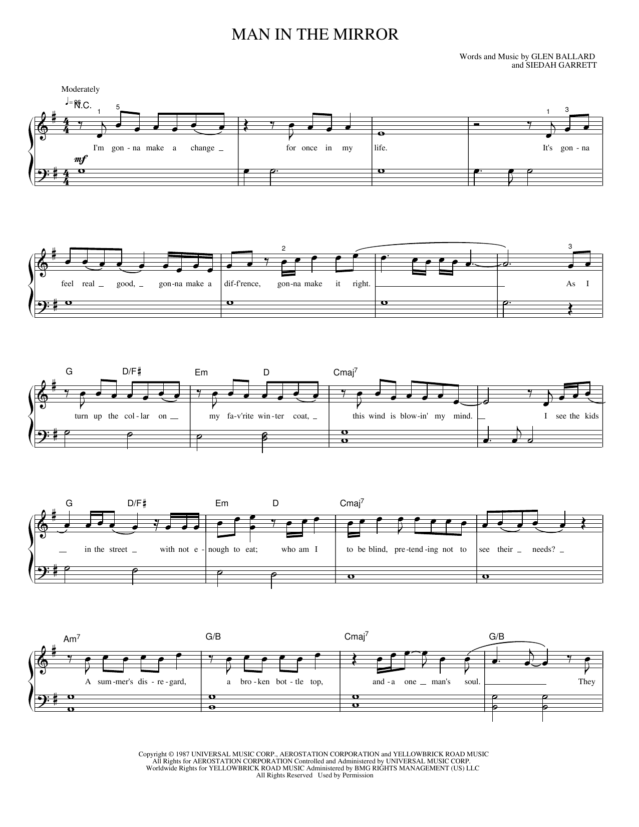 Download Glen Ballard Man in the Mirror Sheet Music and learn how to play Piano, Vocal & Guitar Chords (Right-Hand Melody) PDF digital score in minutes