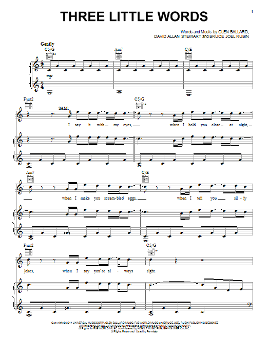 Download Glen Ballard Three Little Words Sheet Music and learn how to play Piano, Vocal & Guitar (Right-Hand Melody) PDF digital score in minutes