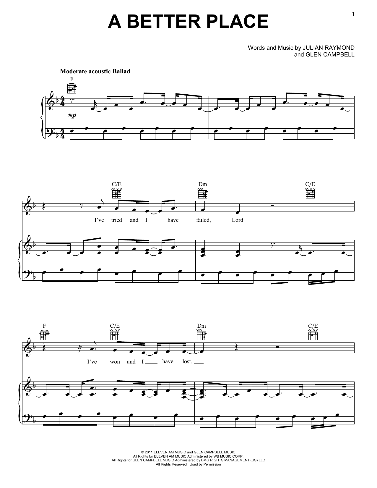 Download Glen Campbell A Better Place Sheet Music and learn how to play Piano, Vocal & Guitar (Right-Hand Melody) PDF digital score in minutes