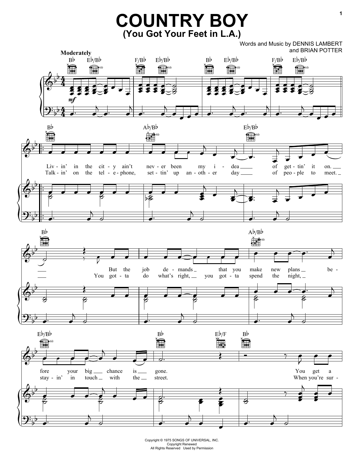 Download Glen Campbell Country Boy (You Got Your Feet In L.A.) Sheet Music and learn how to play Piano, Vocal & Guitar (Right-Hand Melody) PDF digital score in minutes