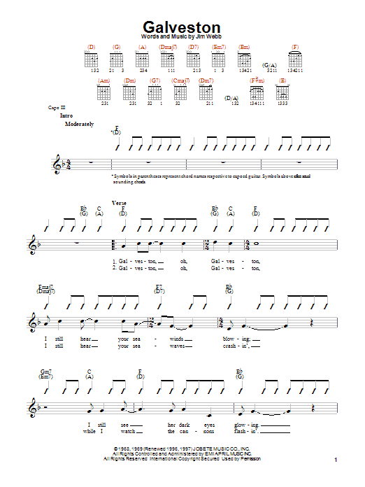 Download Glen Campbell Galveston Sheet Music and learn how to play Lyrics & Chords PDF digital score in minutes