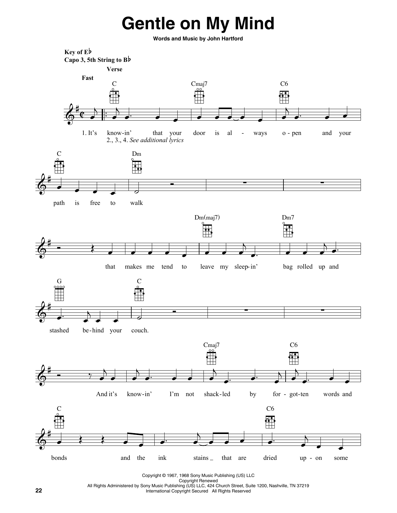 Download Glen Campbell Gentle On My Mind (arr. Fred Sokolow) Sheet Music and learn how to play Banjo Tab PDF digital score in minutes