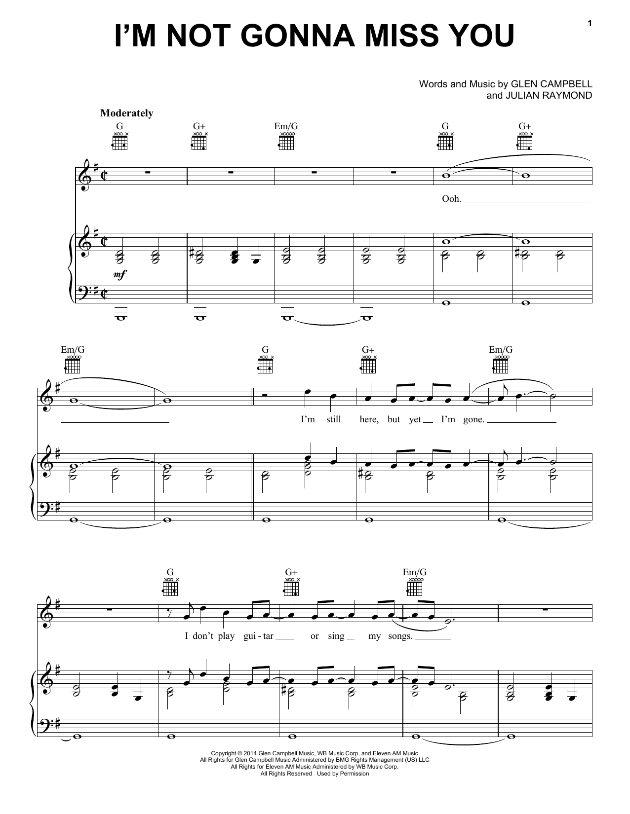 Download Glen Campbell I'm Not Gonna Miss You Sheet Music and learn how to play Piano, Vocal & Guitar (Right-Hand Melody) PDF digital score in minutes