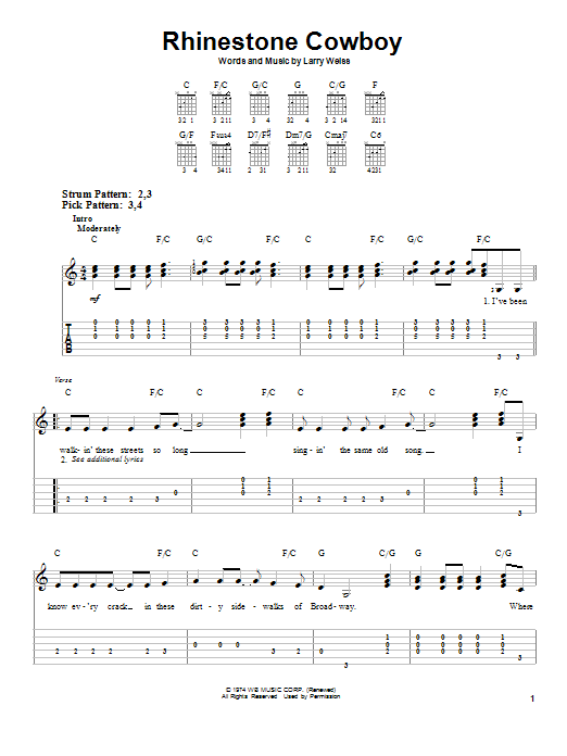 Download Glen Campbell Rhinestone Cowboy Sheet Music and learn how to play Real Book – Melody, Lyrics & Chords PDF digital score in minutes