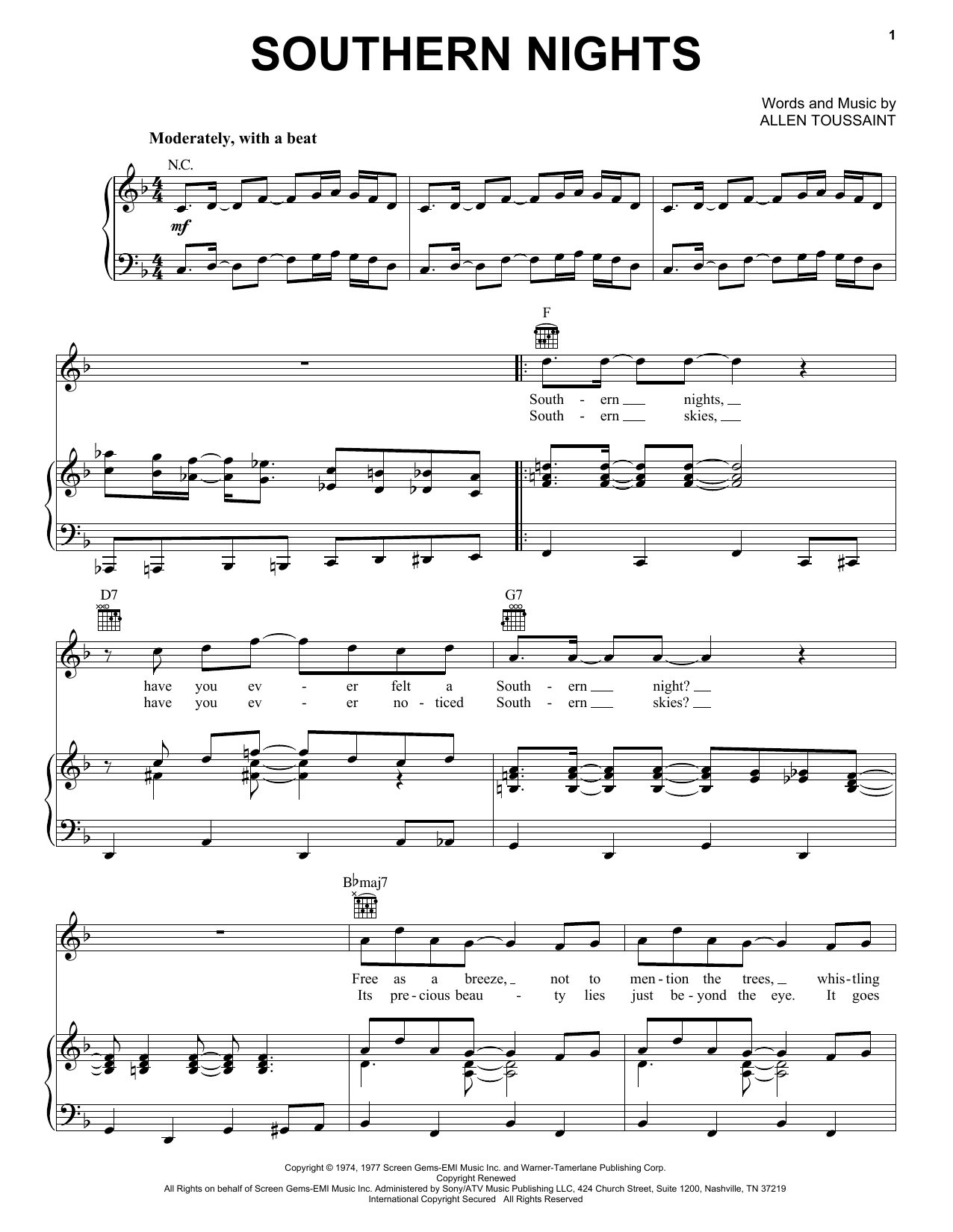 Download Glen Campbell Southern Nights Sheet Music and learn how to play Real Book – Melody, Lyrics & Chords PDF digital score in minutes