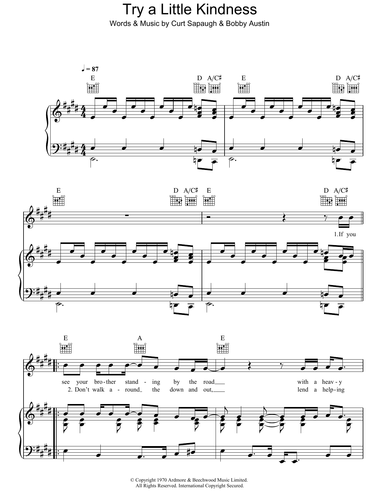 Download Glen Campbell Try A Little Kindness Sheet Music and learn how to play Piano, Vocal & Guitar (Right-Hand Melody) PDF digital score in minutes