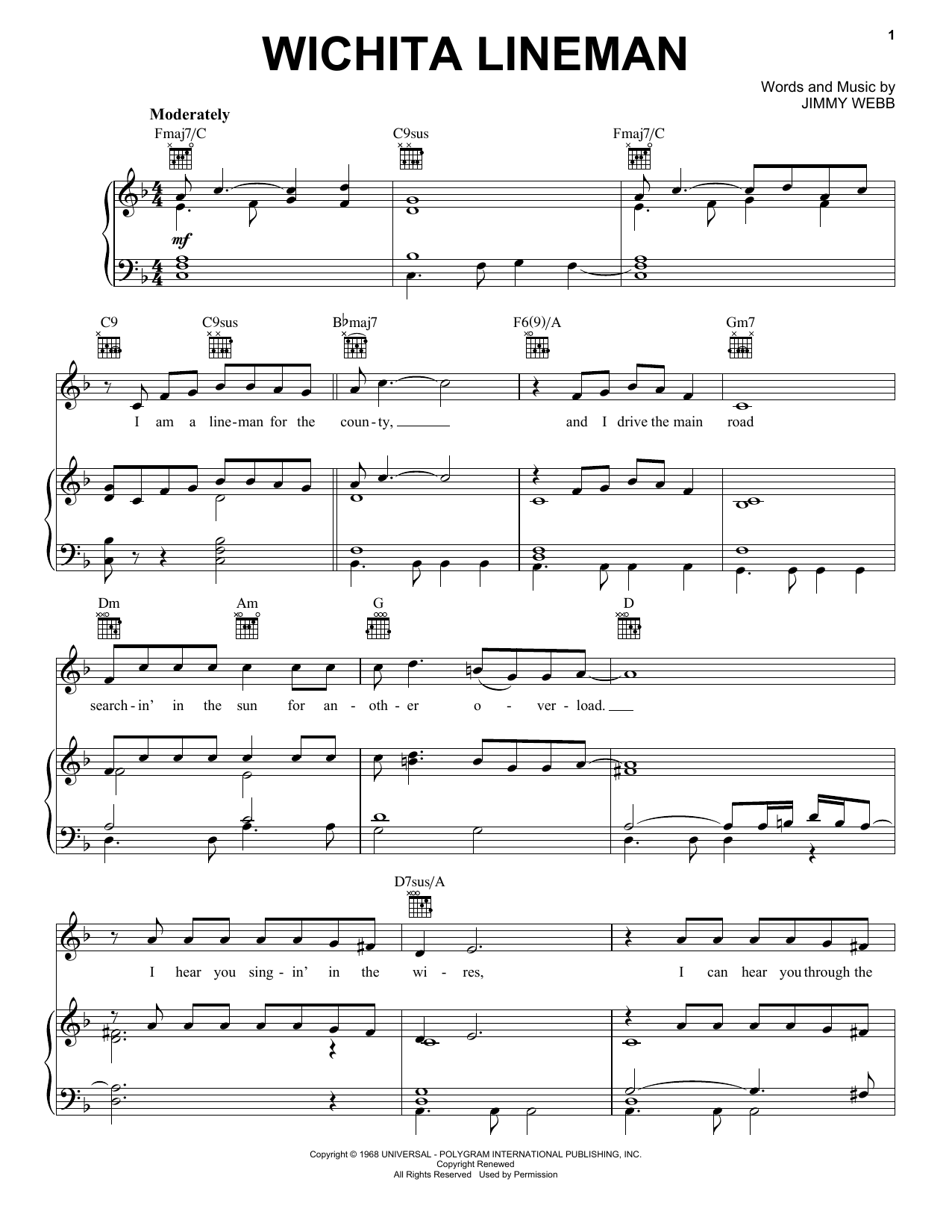 Download Glen Campbell Wichita Lineman Sheet Music and learn how to play Piano, Vocal & Guitar (Right-Hand Melody) PDF digital score in minutes
